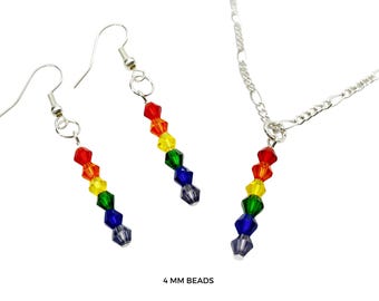 Conjunto de collar y pendientes Orgullo Arcoíris / Orgullo discreto / Bandera del Orgullo Gay / Minimalista / Cuentas de 4 mm / Bañado en plata