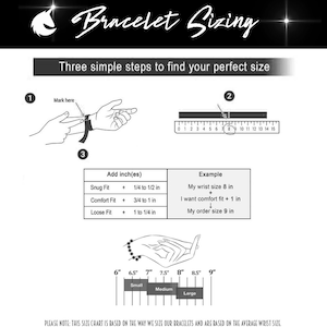 A bracelet sizing chart with three steps to measure your wrist. The chart includes an example of how to calculate your bracelet size. We offer up to size 10" inches in bracelets.
