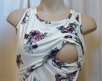 Pink/Purple Floral Nursing Tank Top, Breastfeeding Shirt