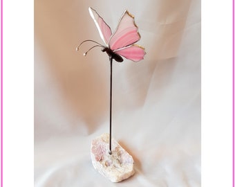 Stained glass butterfly with colored wings,handcast tin body on stone base, butterfly in glass 10 cm on 20 cm plinth