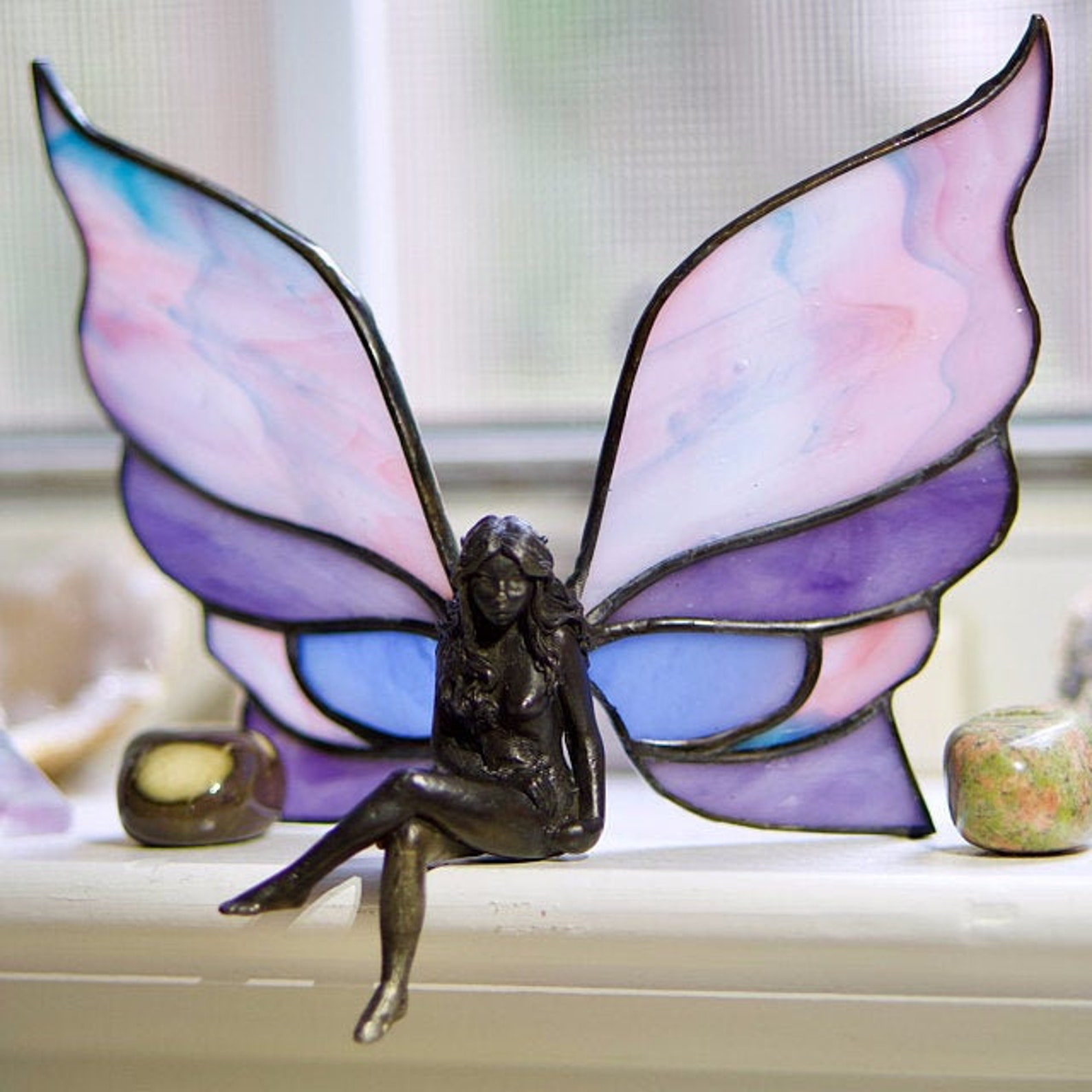 Stained Glass Fairy // Sitting Fairy With Glass Wings // Fairy Etsy