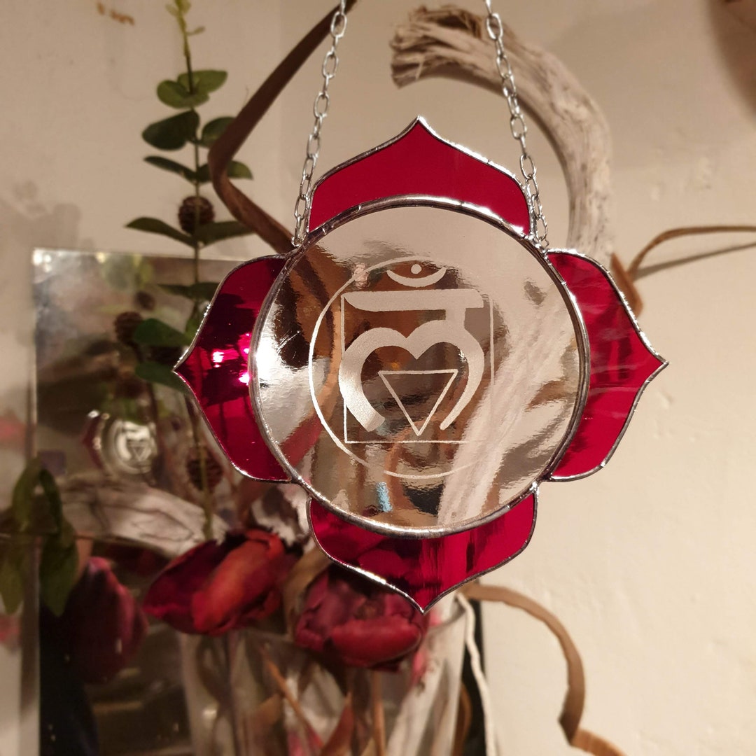 Stained Glass Suncatcher of Root Chakra, Hand Engraved Sanskrit Symbol