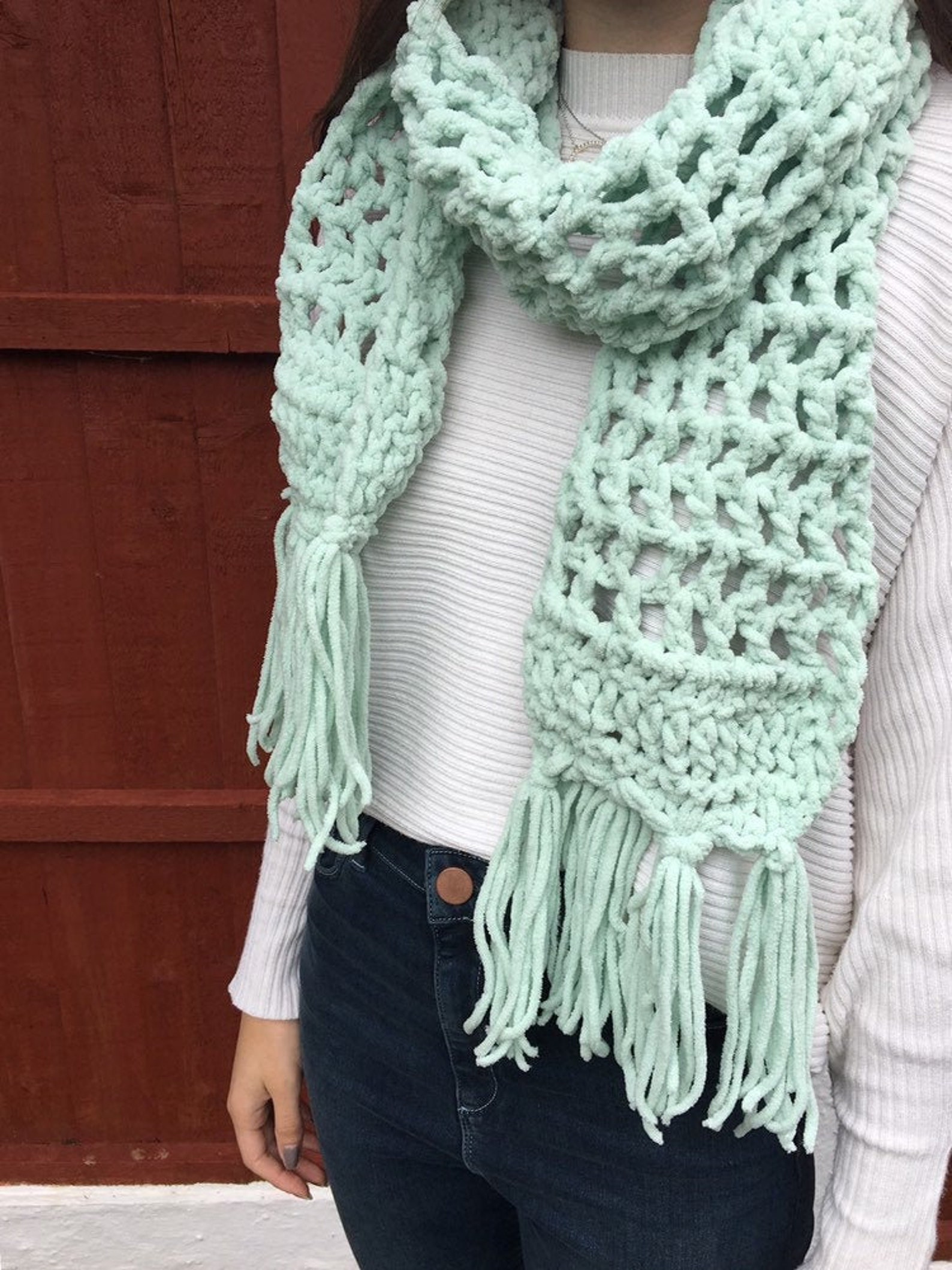 Green Crocheted Scarf Chenille Scarf Green Scarf Etsy