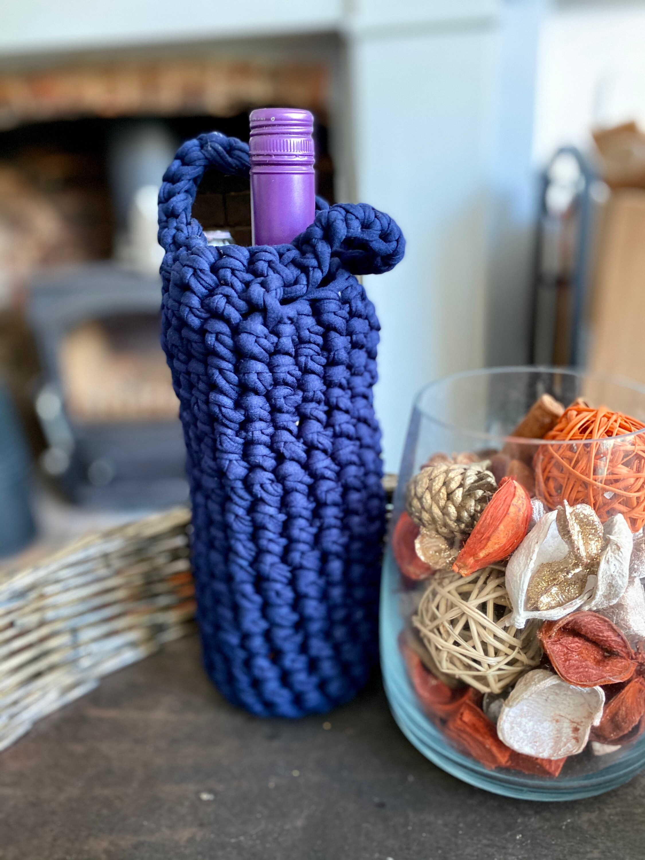 Crocheted Reusable Wine Bag Recycled Jersey Navy and Etsy UK