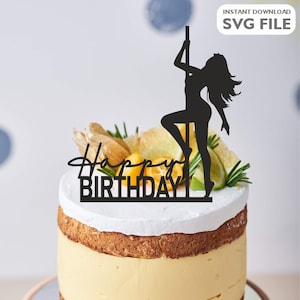 May include: Black silhouette of a person on a pole with the text "Happy Birthday" on a cake decorated with fruit and greenery.