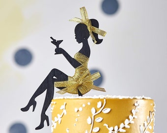 Mädchen sitzend Silhouette Cake Topper Frau Silhouette Cake Topper Happy Birthday Gold Glittrer Silber Glitter benutzerdefinierte Alter Topper Braut Topper