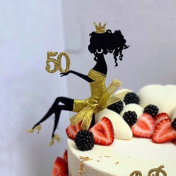 Girl silhouette  cake topper Birthday Cake Topper Sitting Silhouette Woman gold glitter cake topper 50th birthday gift for women