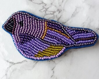 Violet bird brooch hand embroidered on felt with seed beads. Beadwork. Brooch with bird Beaded pin Embroidered brooch. OOAK.