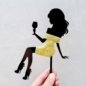 Sitting girl cake topper Woman Silhouette cake Toper Happy Birthday  custom age topper bride topper Silver Glitter