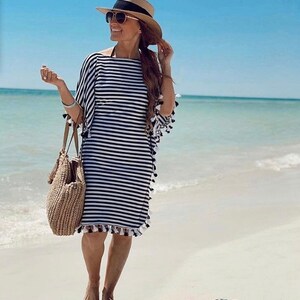 Black and white stripe caftan swim dress