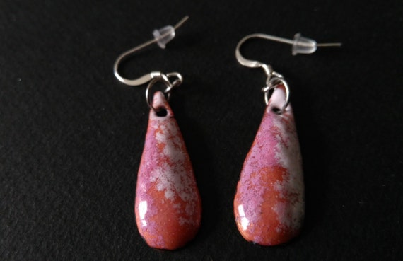 Pink teardrop earrings in real enamel on copper