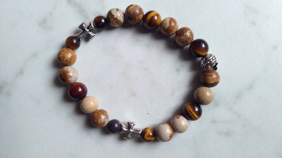 Bracelet pearls diameter 8 and 6mm, jasper, tiger's eye, bull's eye and cross
