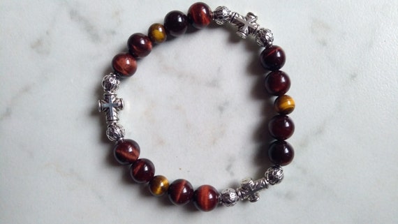 Bracelet beads bull's eye, tiger's eye, metal pearl and cross