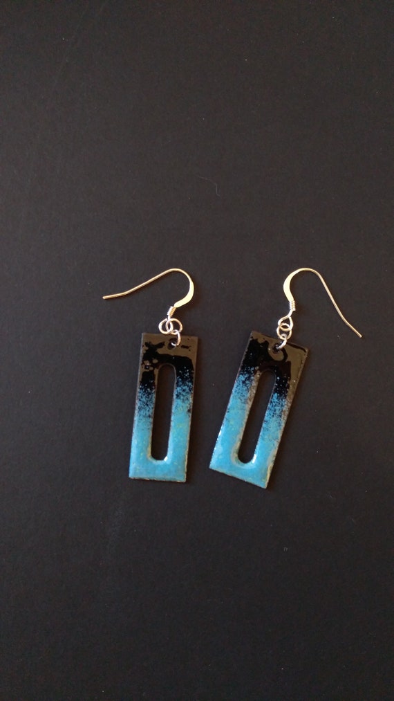 Black and blue rectangular dangling earrings in real enamel on copper