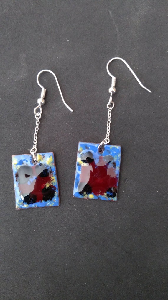 Dangling earrings in real red blue lampwork enamel