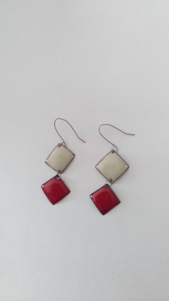 Beige and burgundy square dangling earrings in real enamel on copper