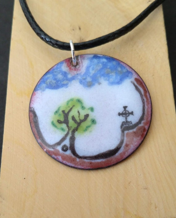 Real Painted Enamel Tree and Celtic Cross Pendant