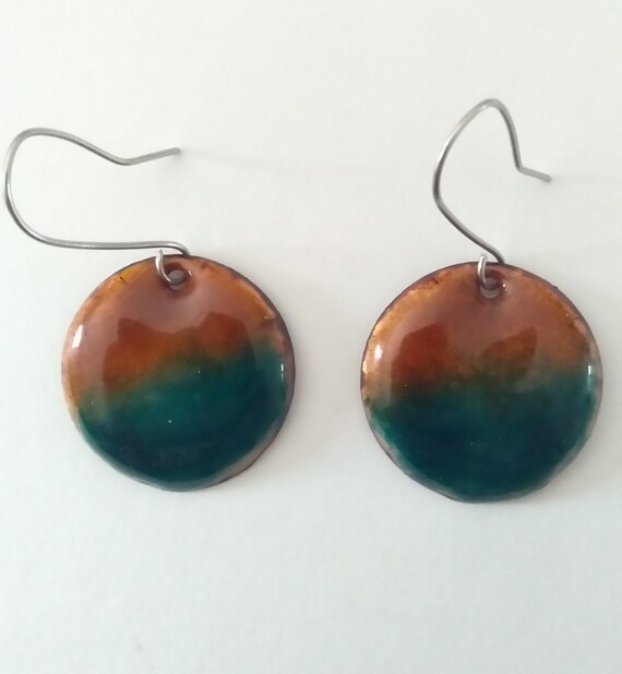 Round earrings in real transparent blue and brown enamel