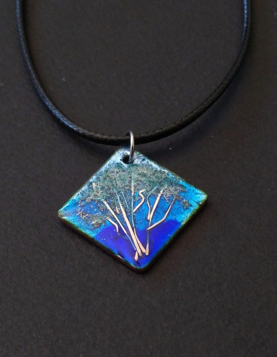 Square pendant in enameled copper and silver wire tree (real precious enamels)