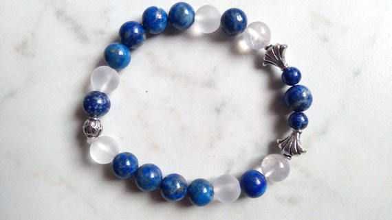 Bracelet pearls diameter 8 and 6mm, lapis lazuli, frosted and smooth rock crystal, pearl shell