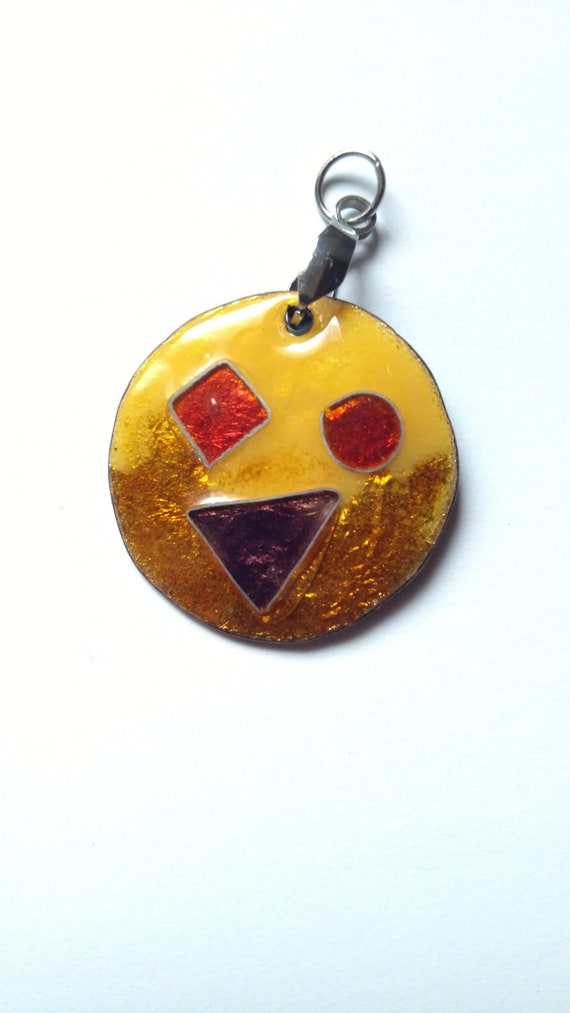 Round pendant with geometric figures round triangle square in real enamel on copper