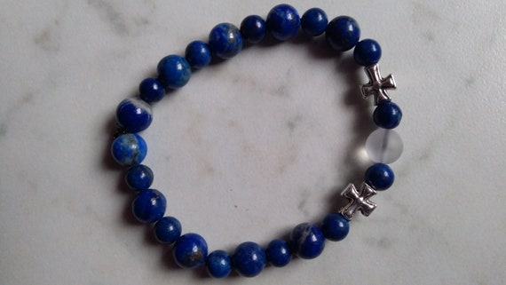 Bracelet pearls diameter 8 and 6mm, lapis lazuli, frosted rock crystal and cross