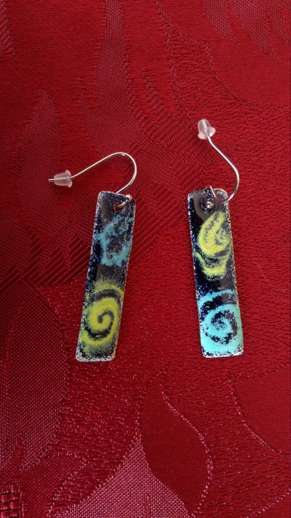 Rectangular dangling earrings "galaxy" collection in real enamel on copper