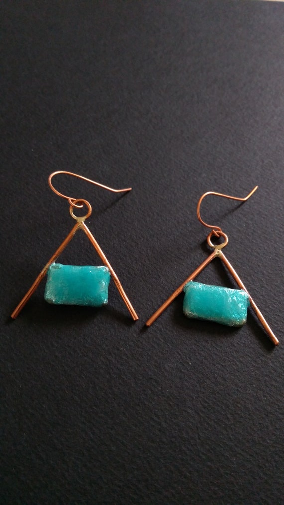 Copper dangling earrings with real enamel rectangle