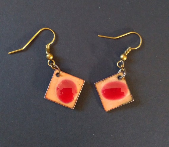 Real red enamel earrings on copper