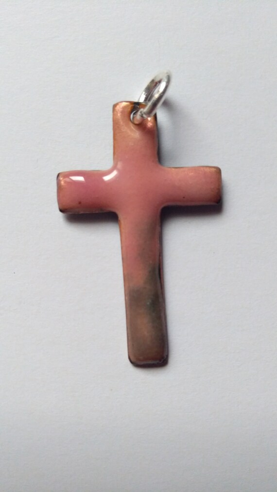 real enamel cross pendant on pink and gray copper