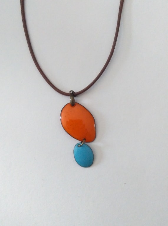 "Orange and blue potatoes" pendant in real enamel on copper
