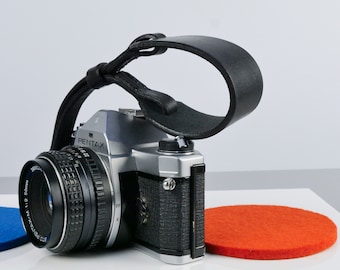 Black Leather Camera Strap | Leather Camera Wrist Strap | Leather Camera Hand Strap | 35mm Camera Strap Handmade in UK
