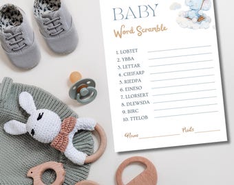Elephant Baby Shower Word Scramble Game: Printable Activity (PDF Download)