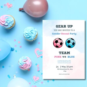Invitación para revelar el género de tu bebé en el deporte / Equipo Rosa vs. Azul / Plantilla editable de Canva / Invitación para baby shower de fútbol / Descarga digital