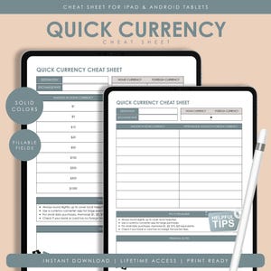 Strumento di conversione di valuta semplice / PDF stampabile per viaggiatori / Design minimalista