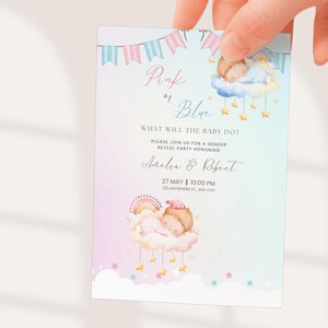 faire-part rose ou bleu pour révéler le sexe | Modèle de toile modifiable | Invitation fête de naissance | Téléchargement numérique