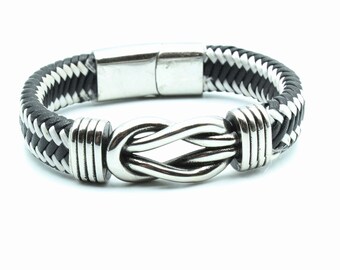 Knot Design Black  White Unisex Leather Bracelet