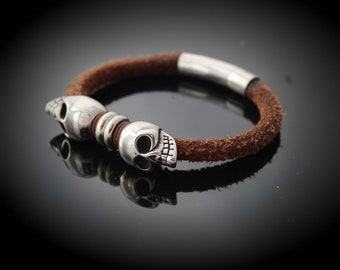 Baby Skull Rustic Brown Leather Bracelet -Customisable