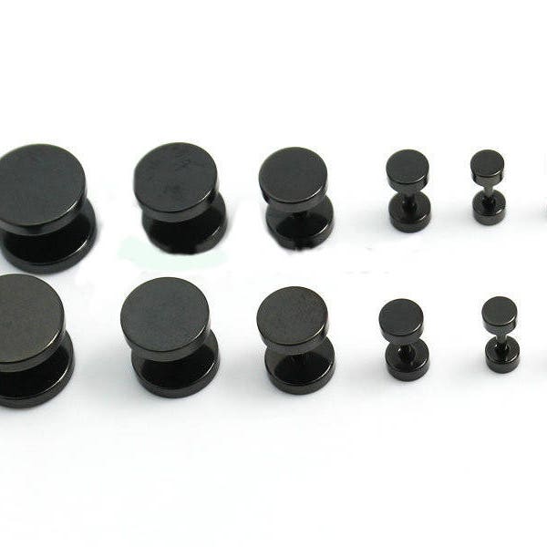 Black Fake Ear Plugs - Stainless Steel & Choice of Size