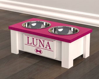 Personalized Elevated Feeder for Small Dogs - Internal Storage - Magenta