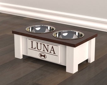 Personalized Elevated Feeder for Small Dogs - Internal Storage - Dark Walnut Brown