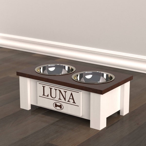 Personalized Elevated Feeder for Small Dogs - Internal Storage - Dark Walnut Brown