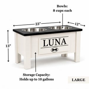 Personalized elevated dog feeder, large size with storage, double bowl raised dog feeding station, custom engraved dog name feeder, wooden pet bowl stand, and modern dog furniture. For large dogs and for medium dogs.