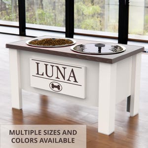 Personalized Elevated 2-Bowl Dog Feeder with Storage – Custom Wooden Pet Bowl Stand in Multiple Sizes & Colors