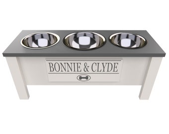 Personalized 3 Bowl Elevated Dog Feeder in Gray