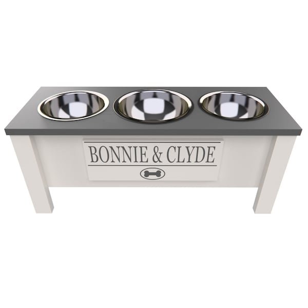 Personalized 3 Bowl Elevated Dog Feeder in Gray