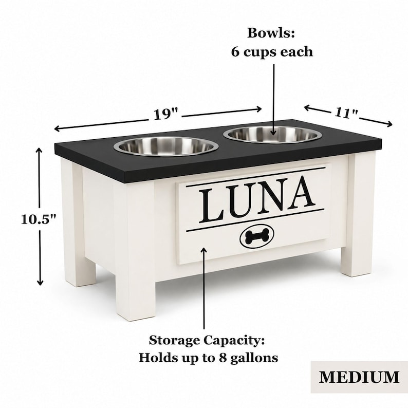 Personalized elevated dog feeder medium bowl with storage, raised dog feeding station for multiple dogs, custom engraved nameplate, wooden pet feeder furniture. For medium-sized dogs.
