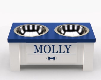 Personalized Elevated Feeder for Small Dogs - Internal Storage - Blue