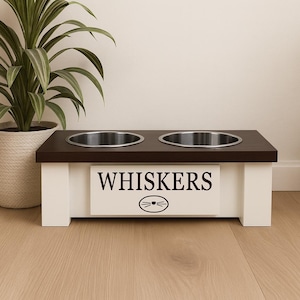 Personalized Elevated Cat Feeder with Storage – Custom Wooden Raised Cat Bowl Stand