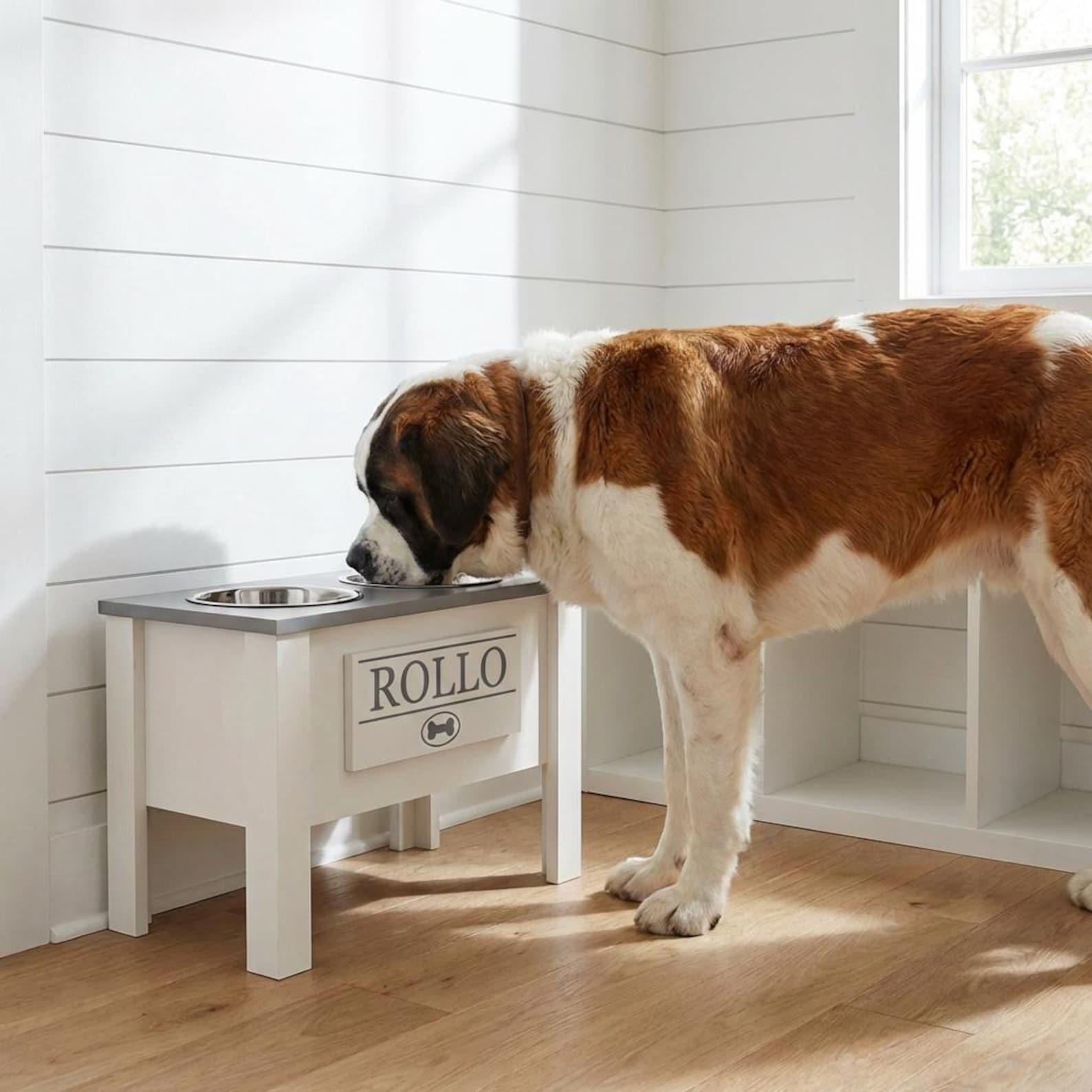 Personalized Elevated Dog Feeder with Storage: Custom Wooden Pet Bowl Stand - Brown, S